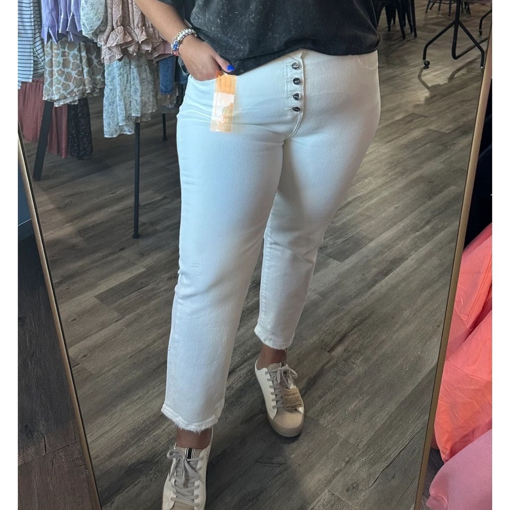 Risen- Mid Rise Tummy Control Button Fly White Denim jeans size XL/14